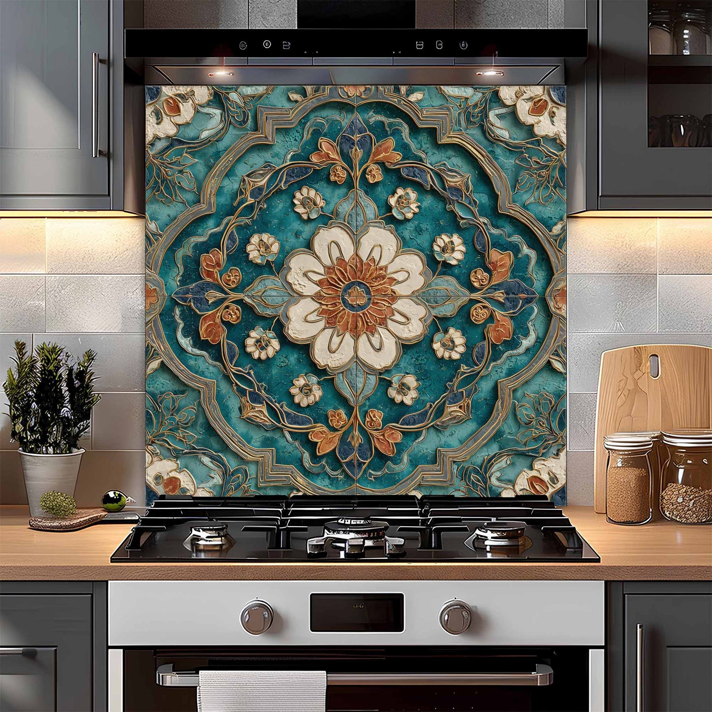 Decorative glass backsplash with floral pattern above a kitchen stove