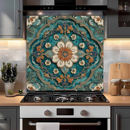 Decorative glass backsplash with floral pattern above a kitchen stove