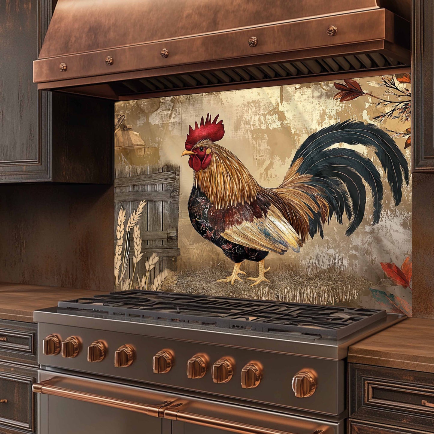 Stainless steel stove with a decorative rooster backsplash in a rustic kitchen setting.