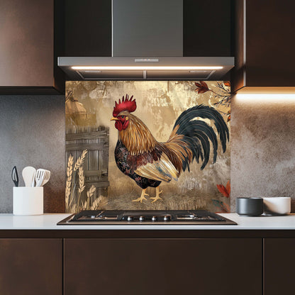 Kitchen with a decorative backsplash featuring a rooster design.