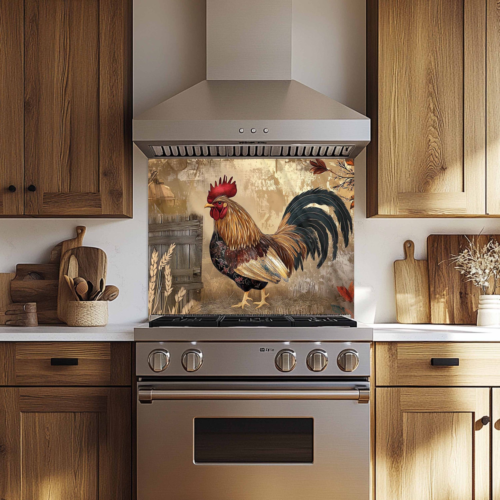 Kitchen with wooden cabinets, stainless steel stove, and decorative rooster backsplash.