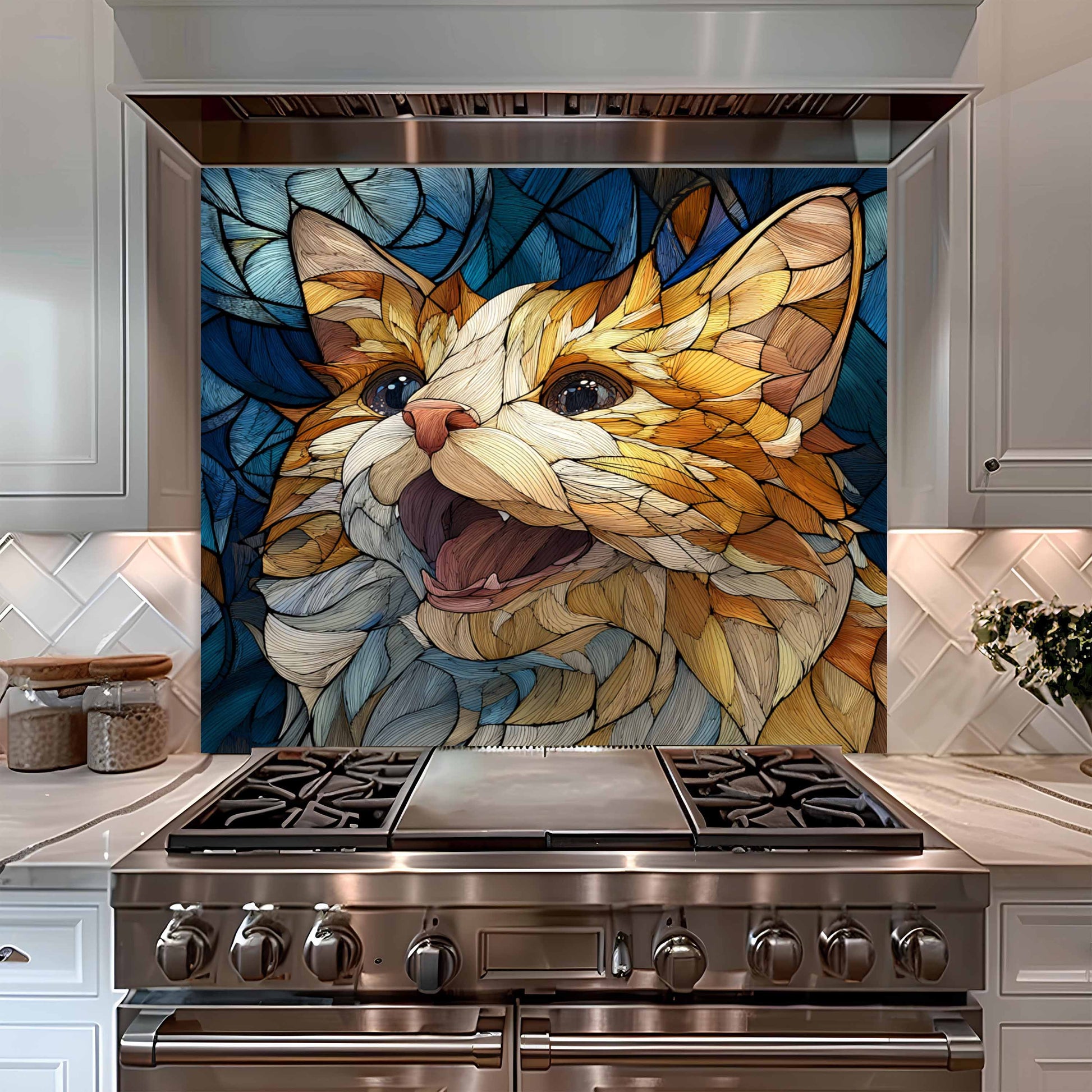 Stainless steel oven with a colorful cat mosaic tile in a kitchen setting