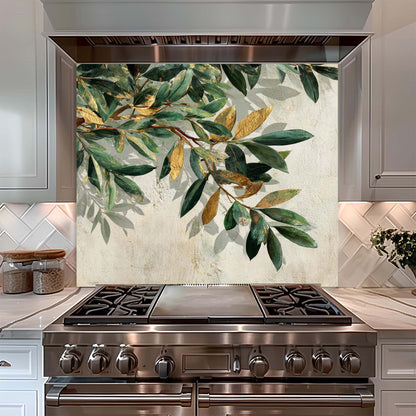 Stainless steel stove with decorative leaf pattern glass backsplash on the wall behind it in a kitchen setting.