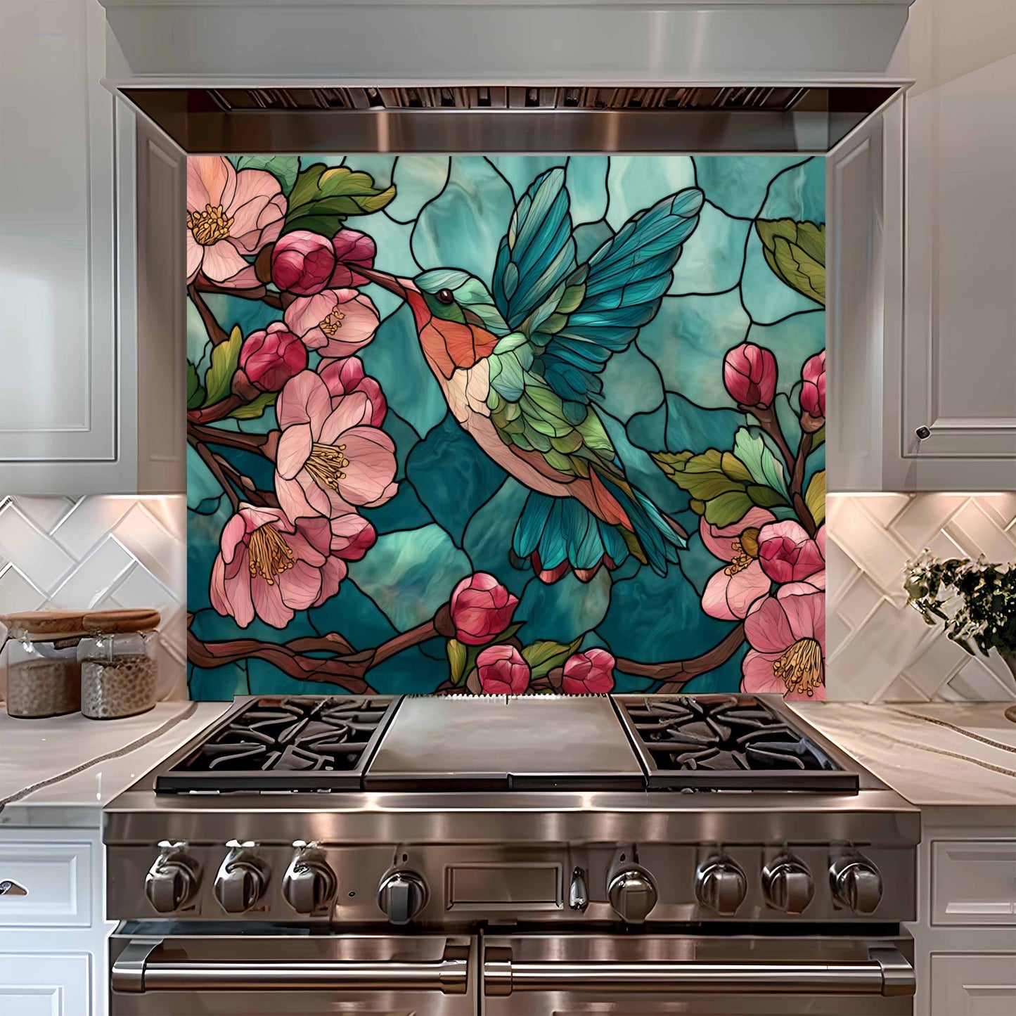 Stainless steel stove with a decorative backsplash featuring a stained glass-style design of a hummingbird and flowers.