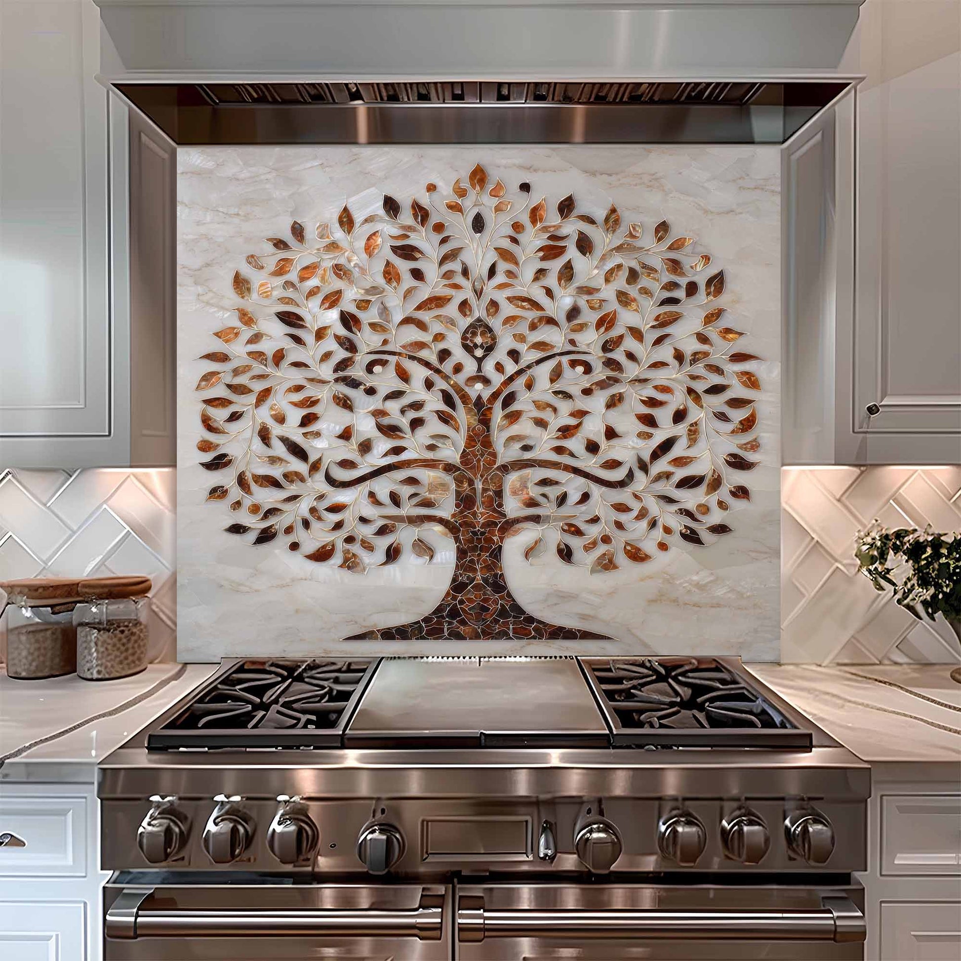 Stainless steel range with decorative glass backsplash in a kitchen setting