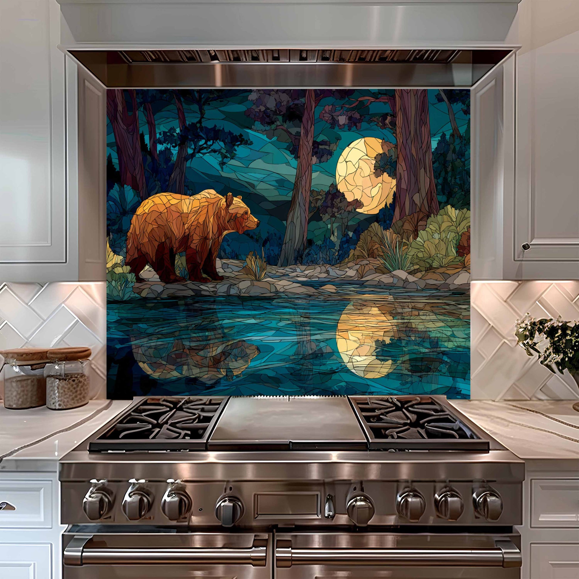 Stainless steel oven with a decorative glass panel featuring a bear and moonlit forest design.