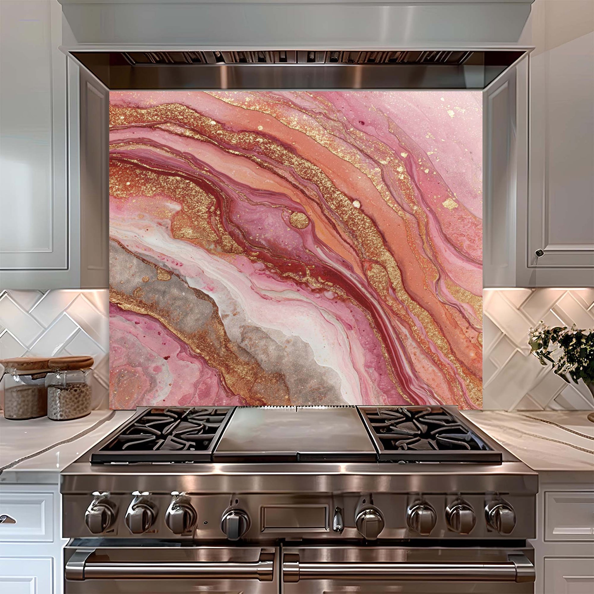 Stainless steel oven with pink and gold marbled look glass backsplash in a kitchen setting