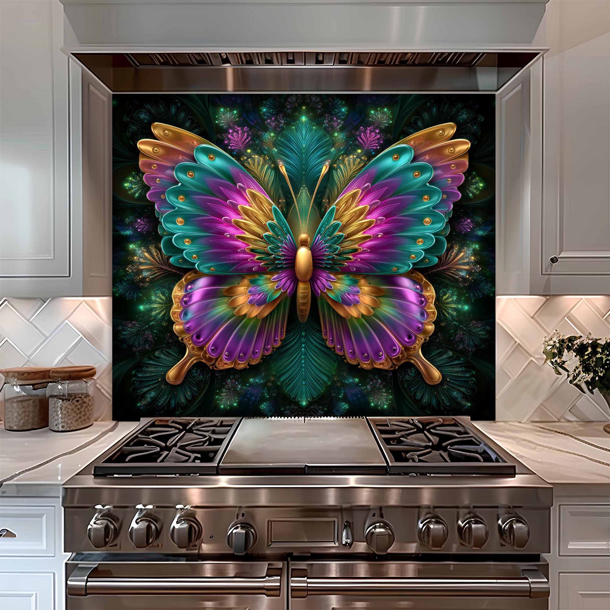 Stainless steel oven with a colorful butterfly design on the glass backsplash in a kitchen.