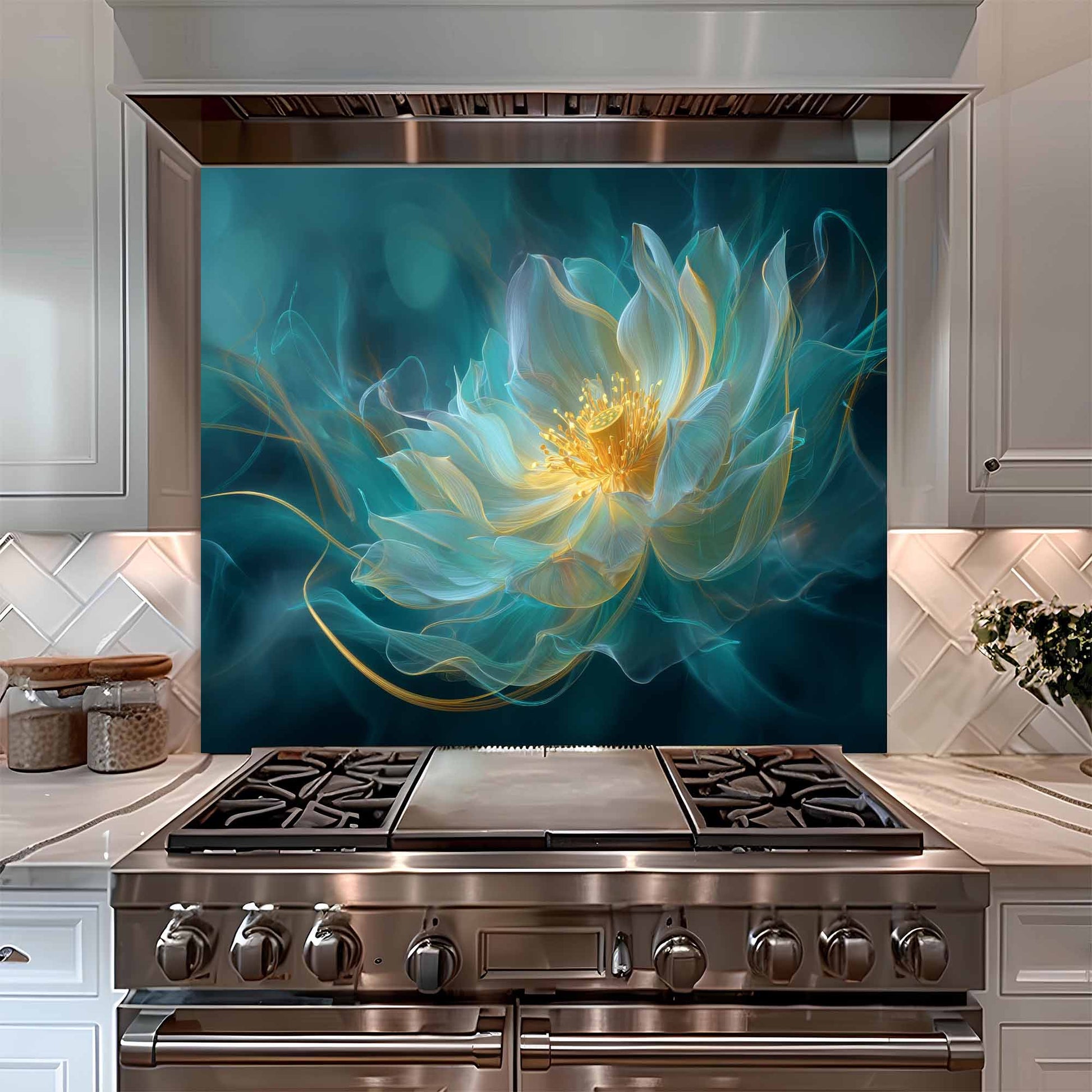 Stainless steel oven with a decorative glass backsplash featuring a floral design in a kitchen setting.