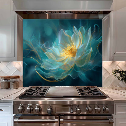 Stainless steel oven with a decorative glass backsplash featuring a floral design in a kitchen setting.