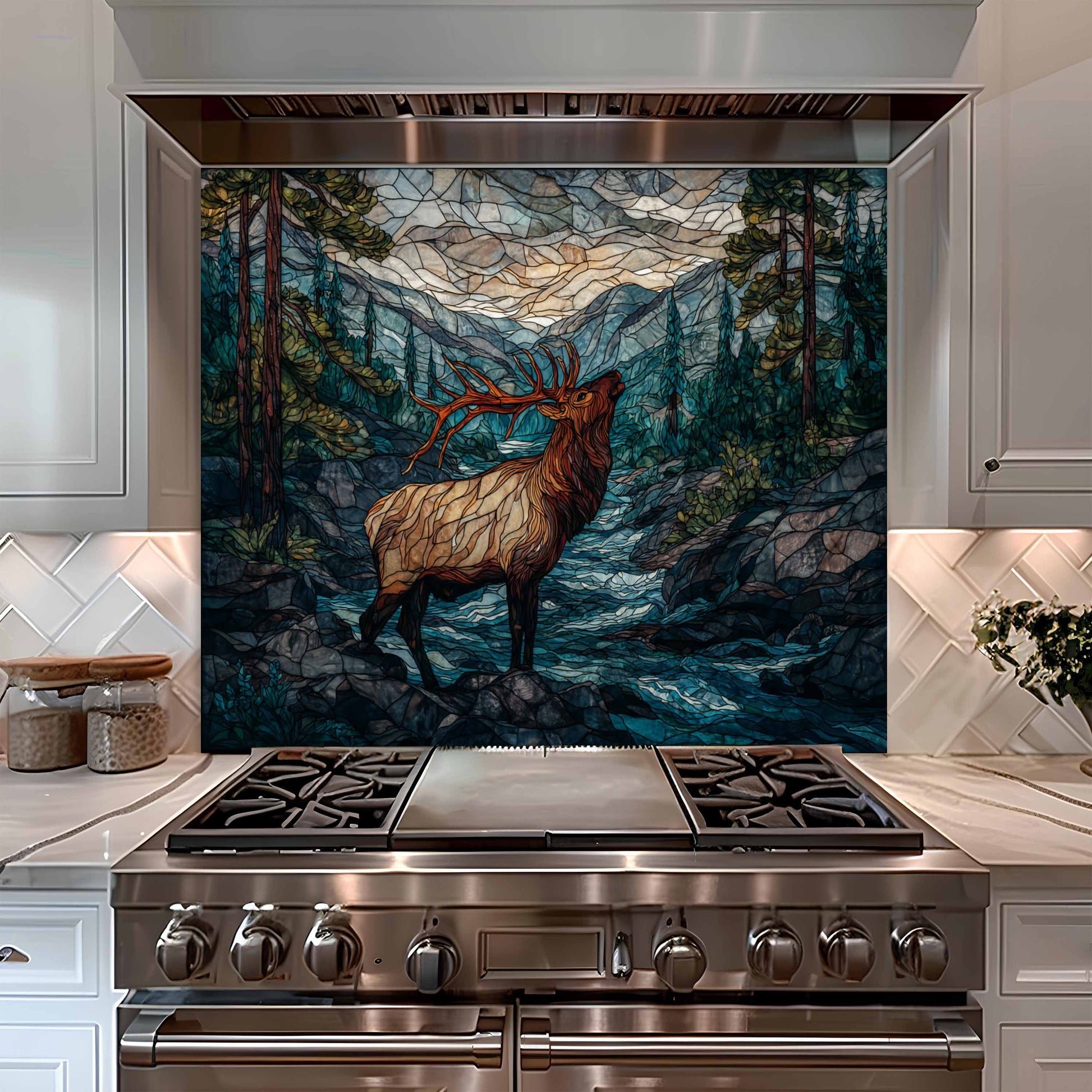 Stainless steel stove with a decorative backsplash featuring an elk in a forest scene.