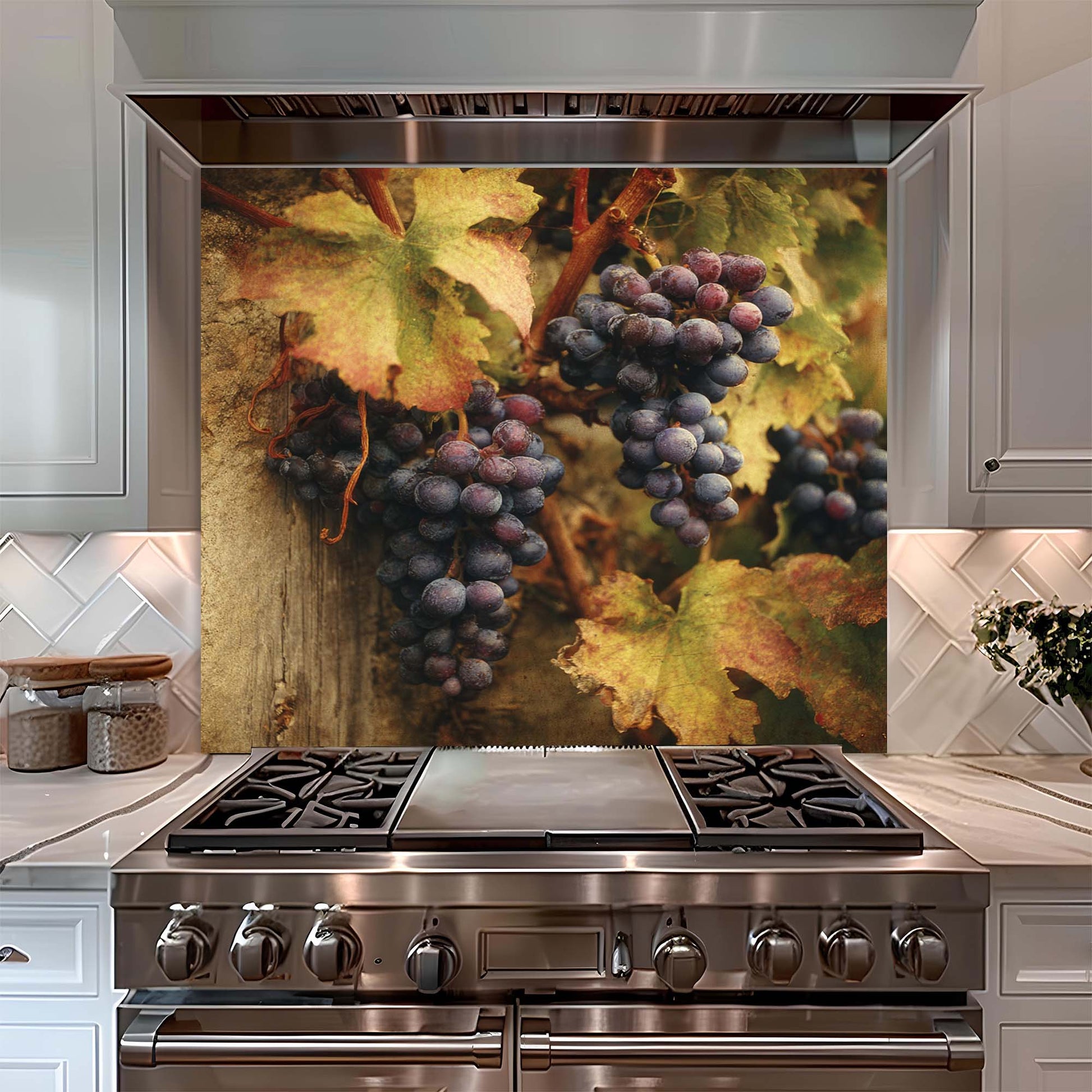 Stainless steel stove with a decorative glass backsplash featuring grapes and leaves in a kitchen setting.