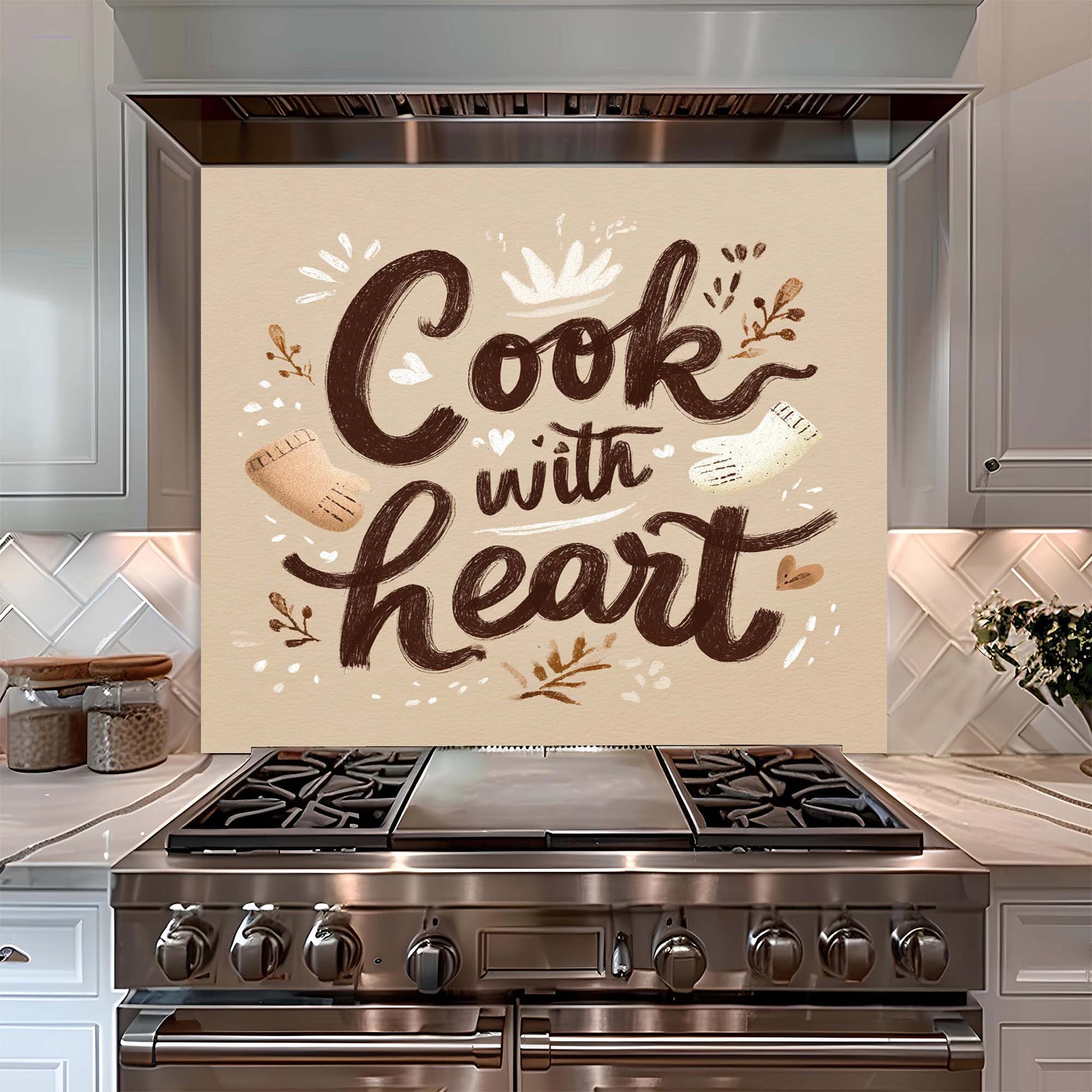 Stainless steel oven with decorative glass backsplash reading 'Cook with Heart' in a kitchen setting.
