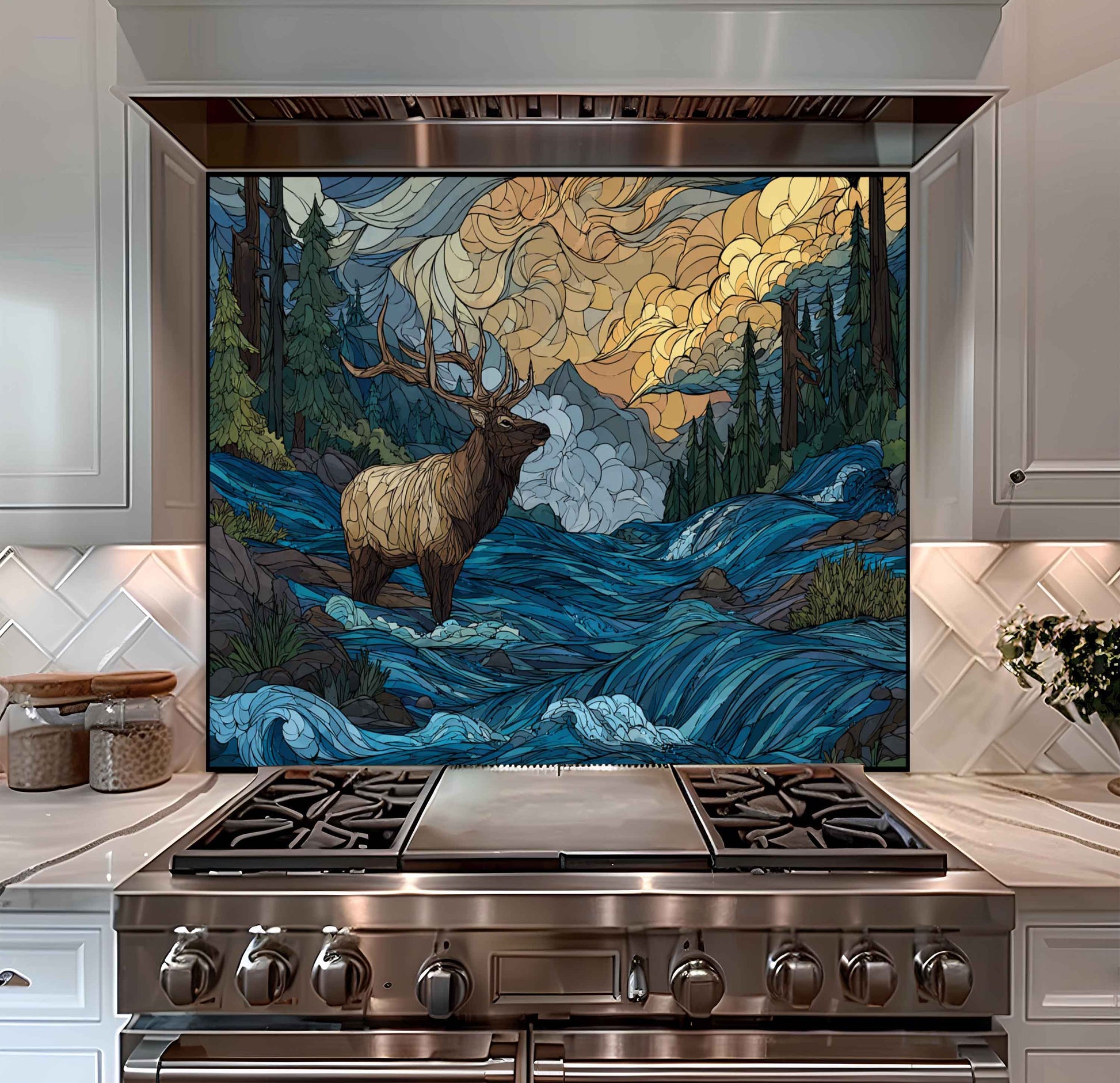 Stainless steel stove with a decorative backsplash featuring a elk in a mountain landscape.