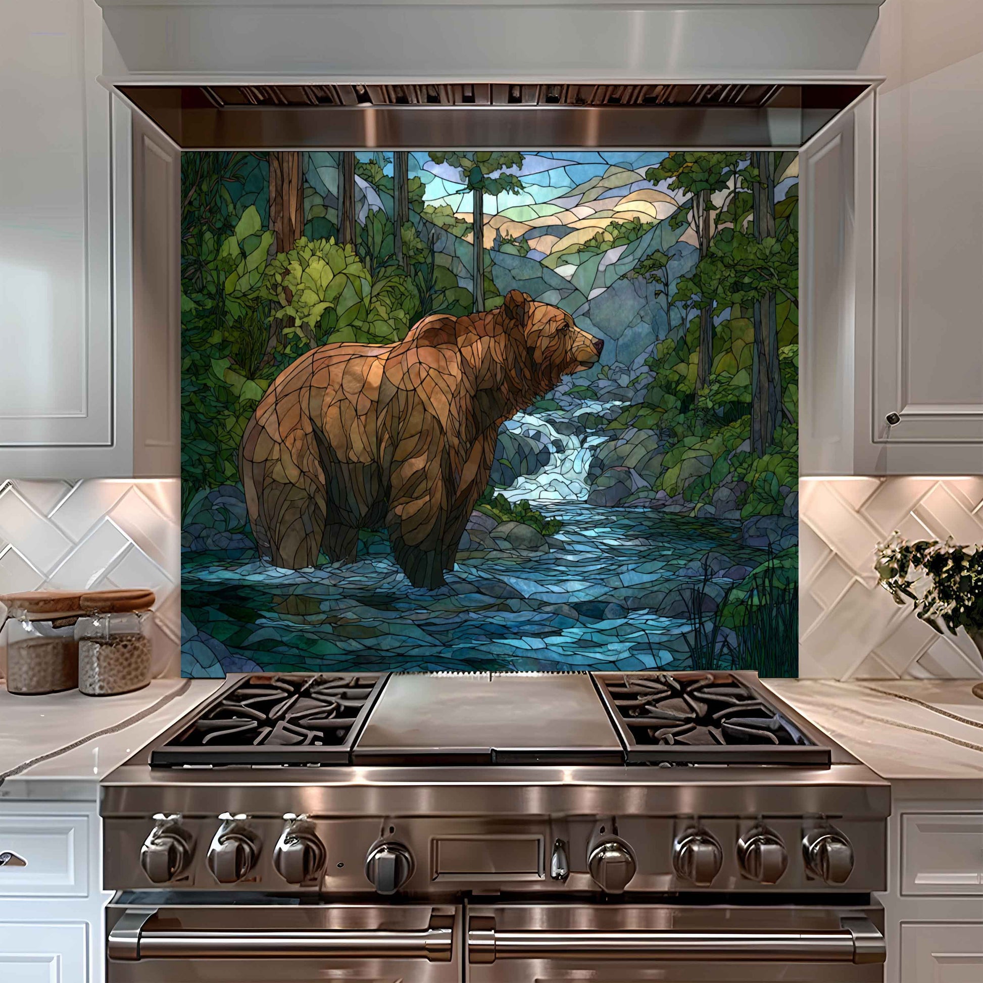 Stainless steel oven with a decorative glass panel featuring a bear in a forest design.