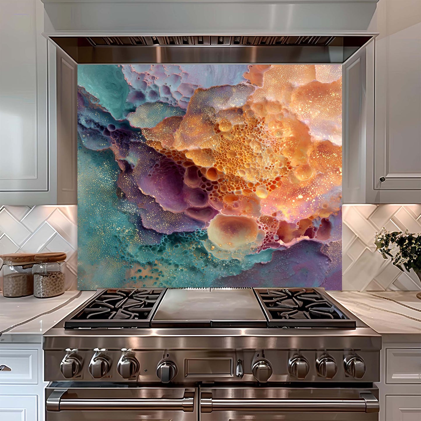 Stainless steel oven with a colorful abstract design on the glass backsplash in a kitchen setting.