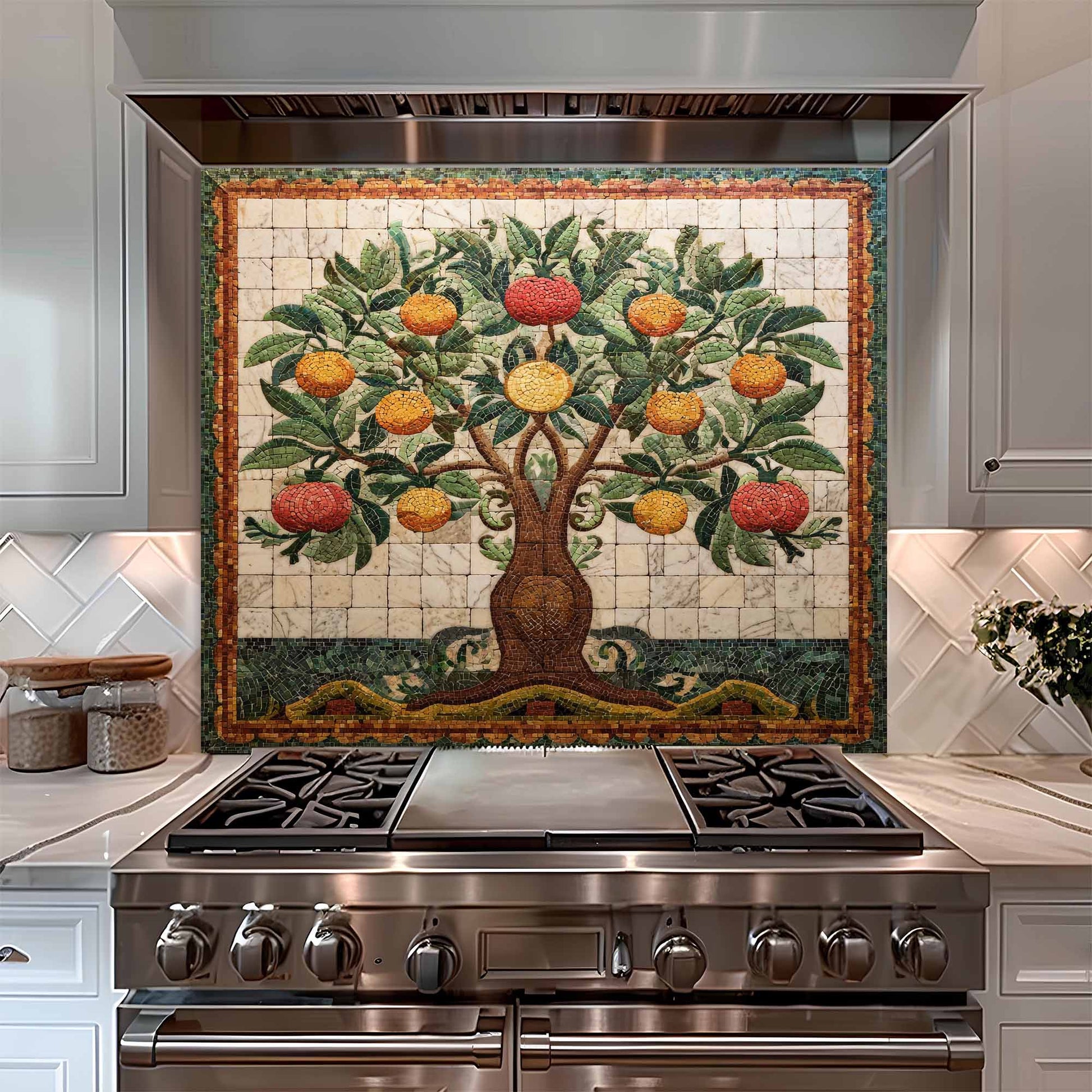 Kitchen with a decorative glass backsplash featuring an apple tree design.