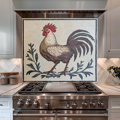 Stainless steel stove with decorative rooster glass backsplash in a kitchen setting