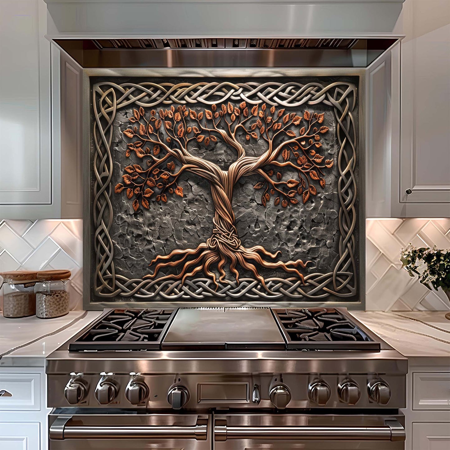 Stainless steel stove with decorative glass backsplash featuring a tree design in a kitchen setting.