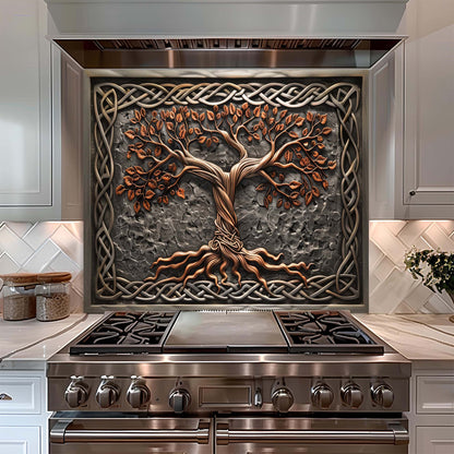 Stainless steel stove with decorative glass backsplash featuring a tree design in a kitchen setting.