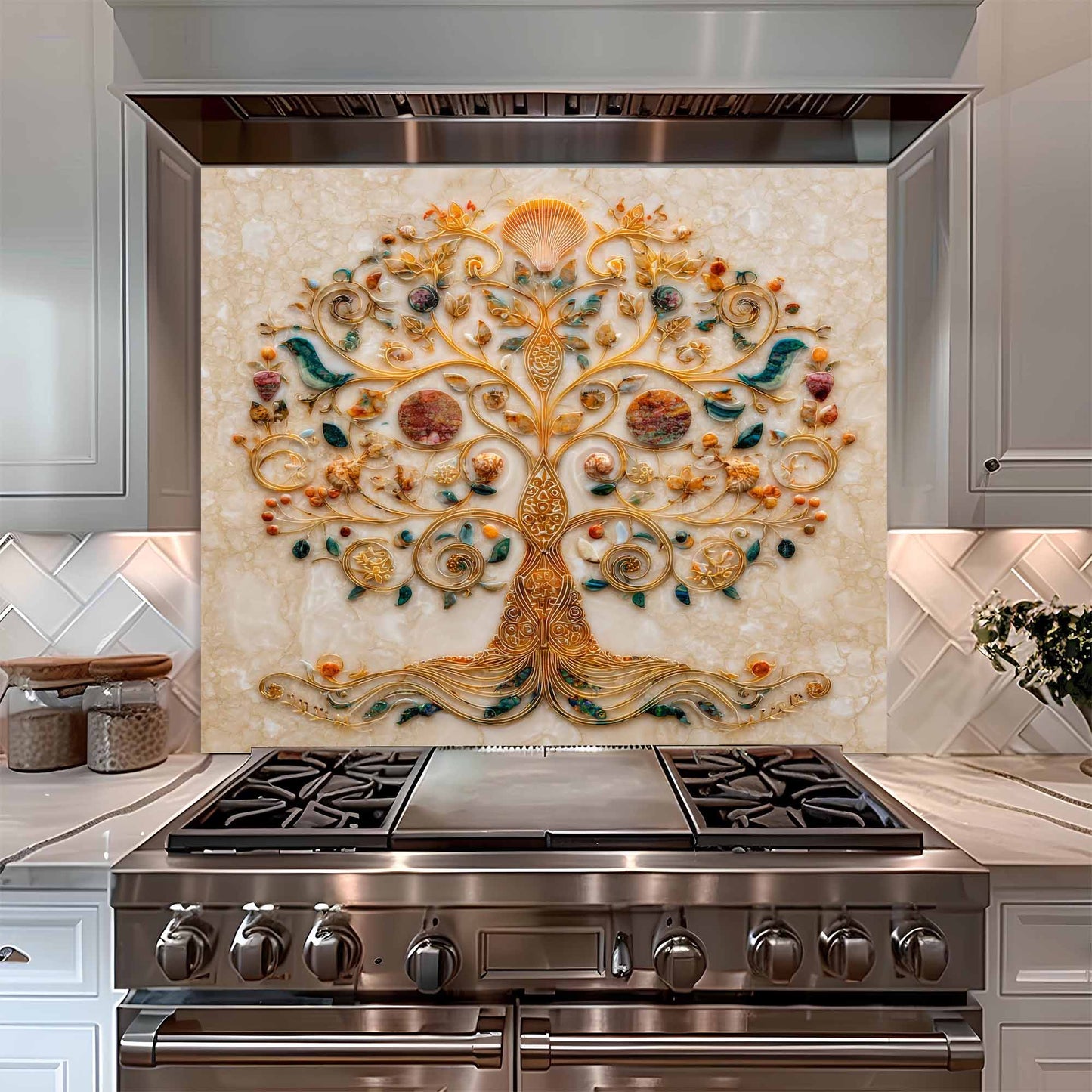 Decorative glass backsplash with a tree design above a kitchen stove.
