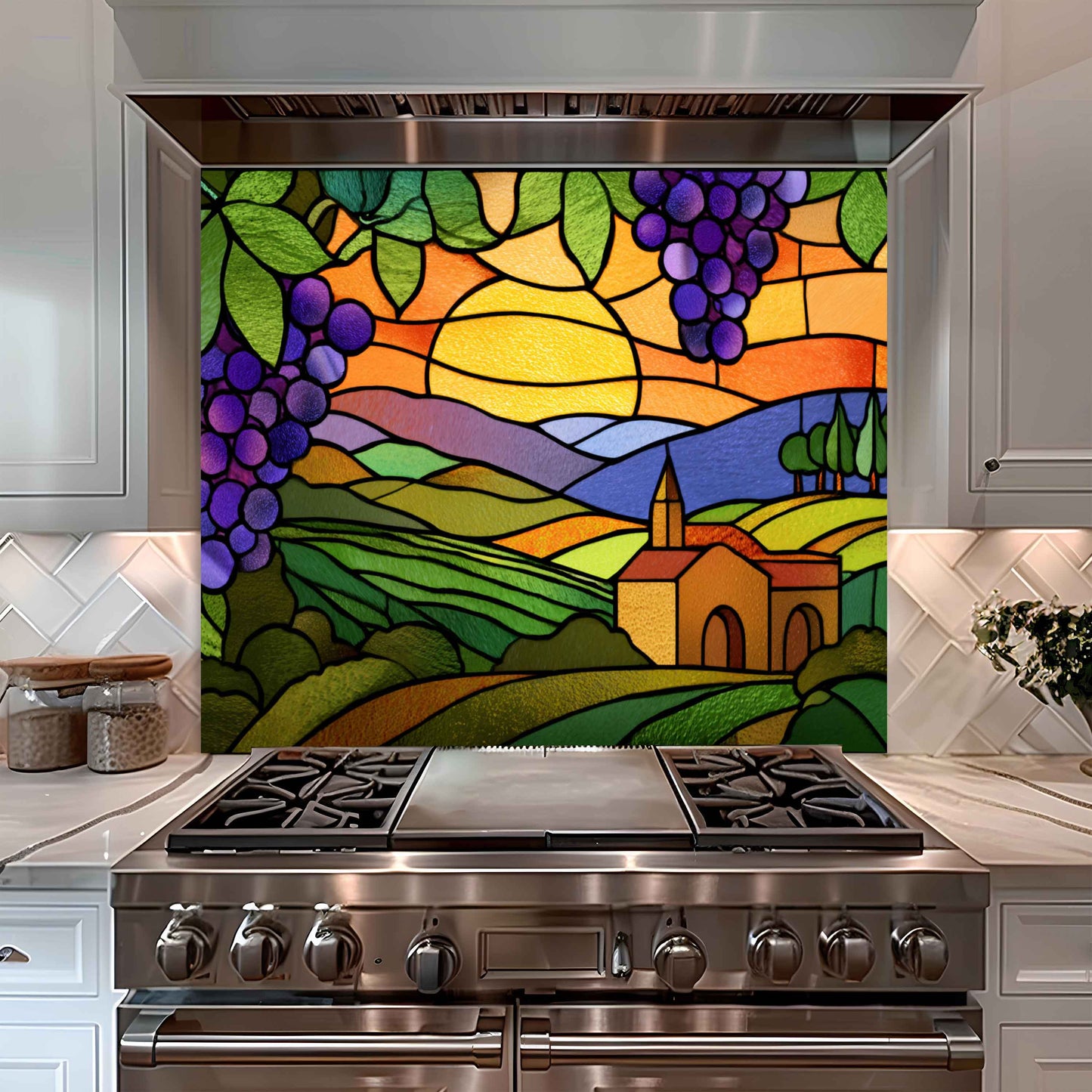 Stainless steel oven with a colorful stained glass-style backsplash depicting a landscape.
