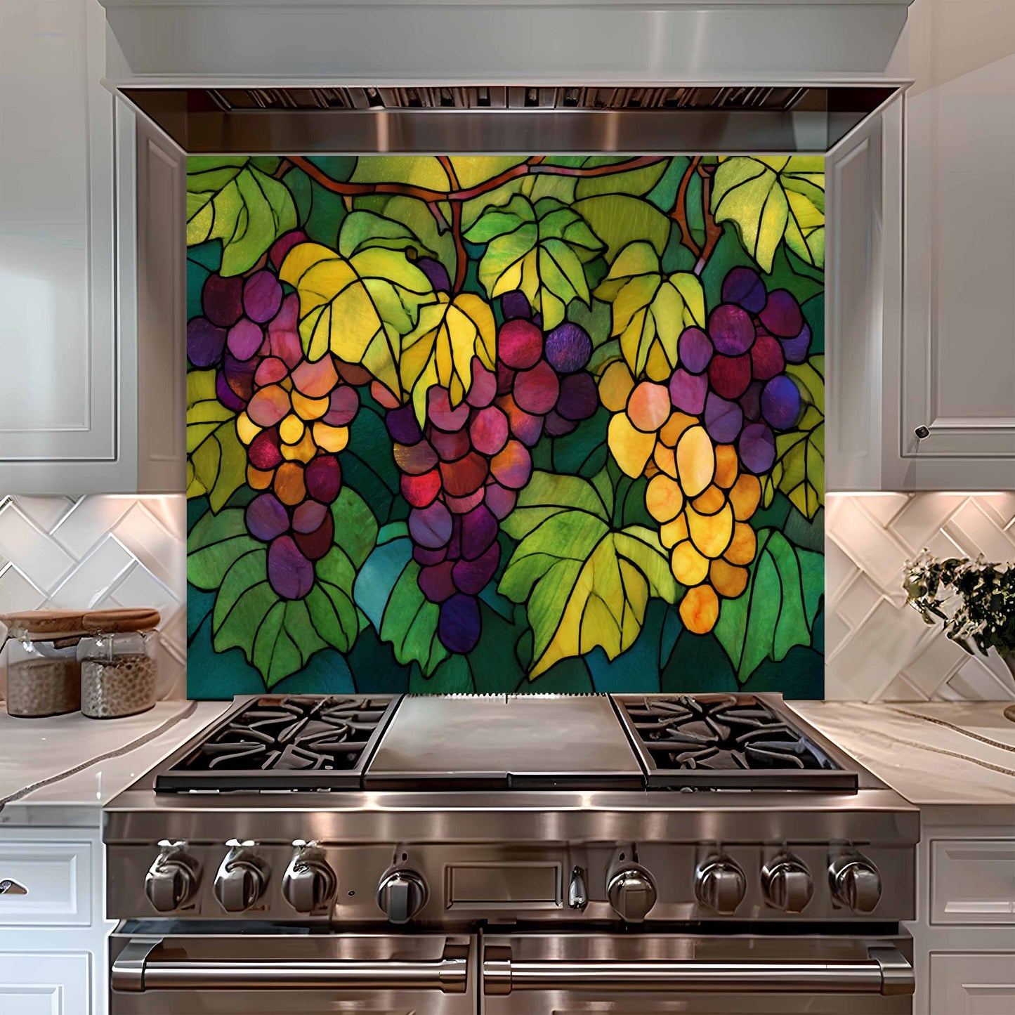 Stainless steel stove with colorful grapevine backsplash in a kitchen setting