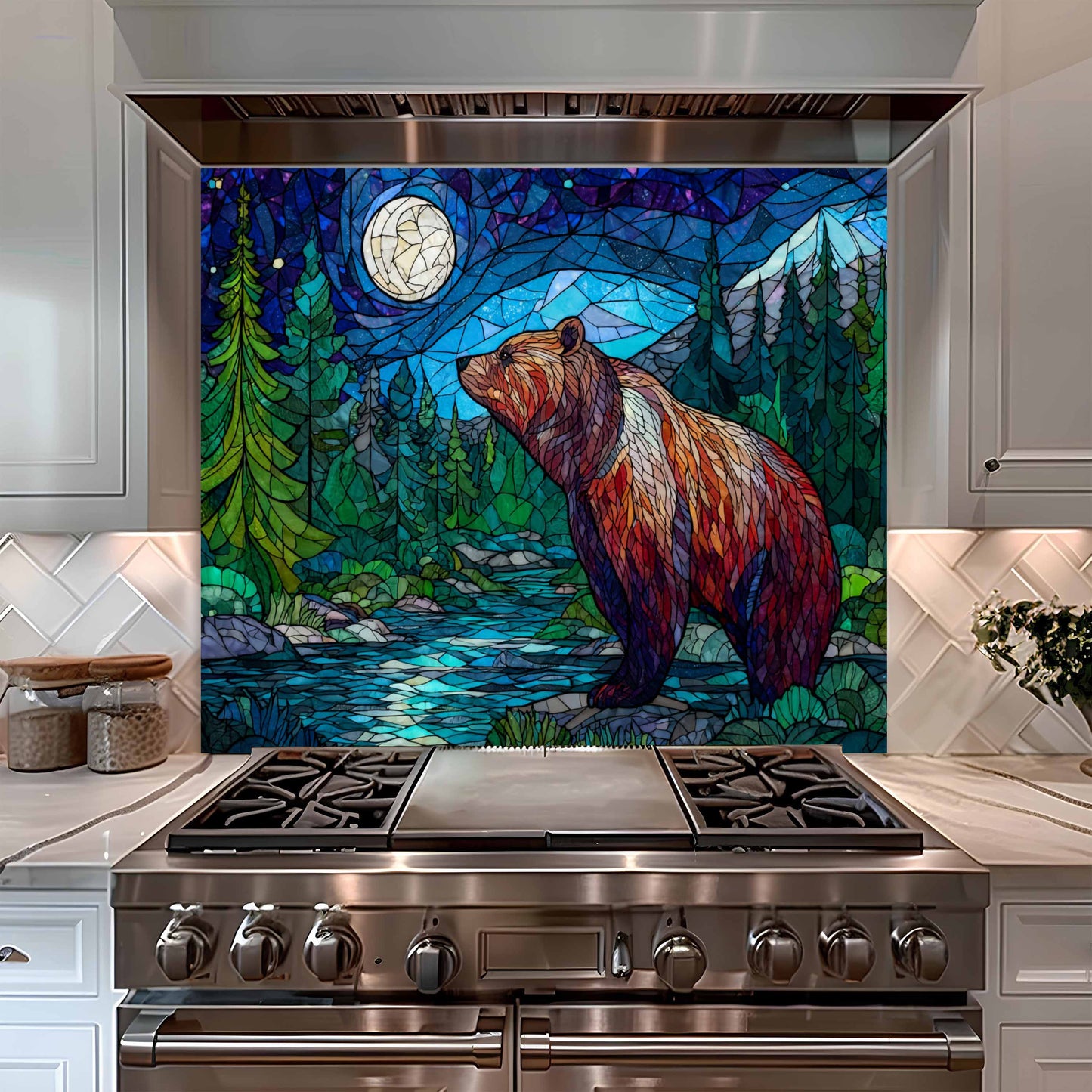 Stainless steel stove with a decorative glass panel featuring a bear in a forest scene.