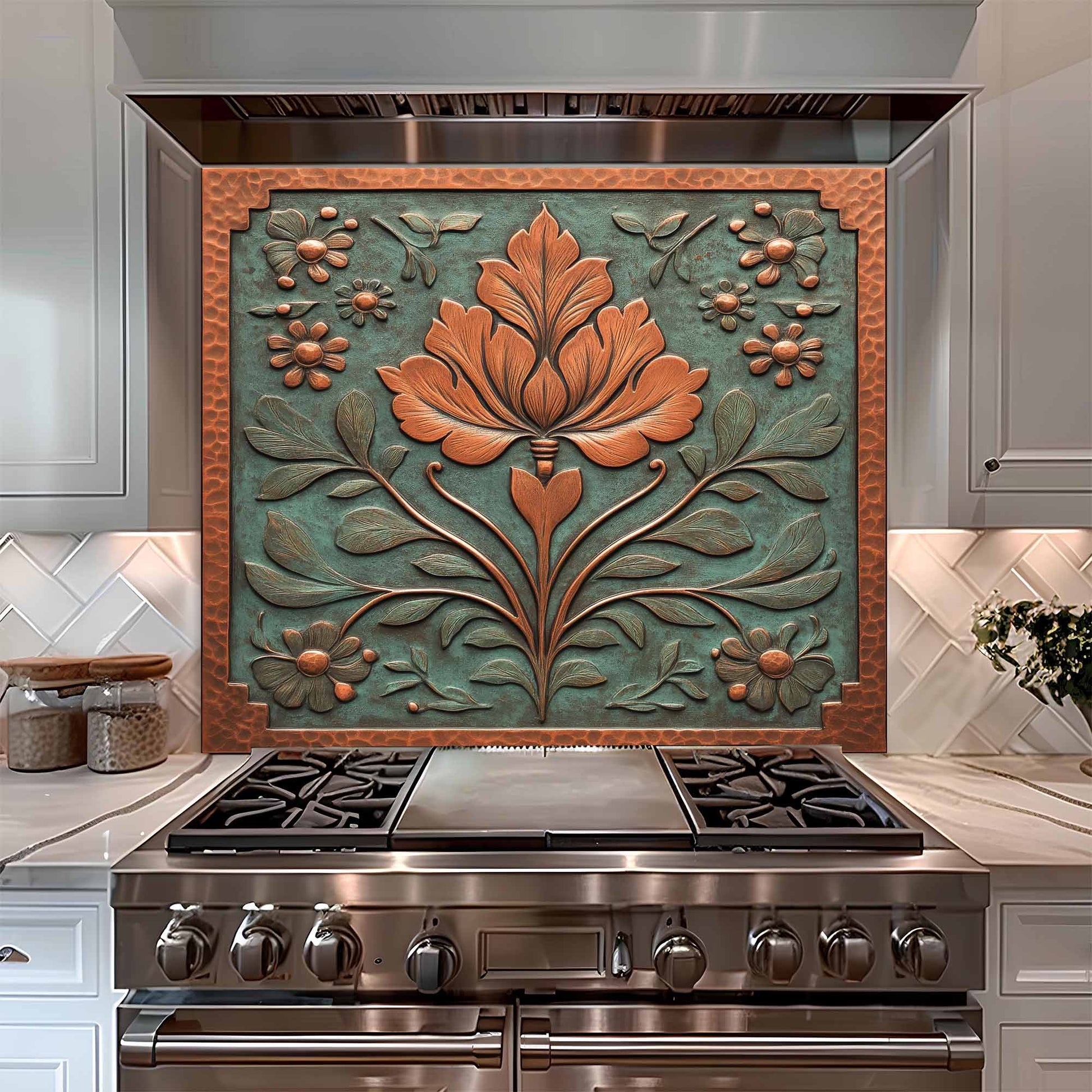 Decorative glass backsplash with floral design above a stainless steel stove in a kitchen.