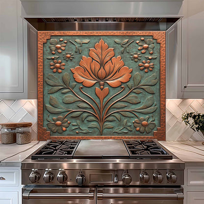 Decorative glass backsplash with floral design above a stainless steel stove in a kitchen.