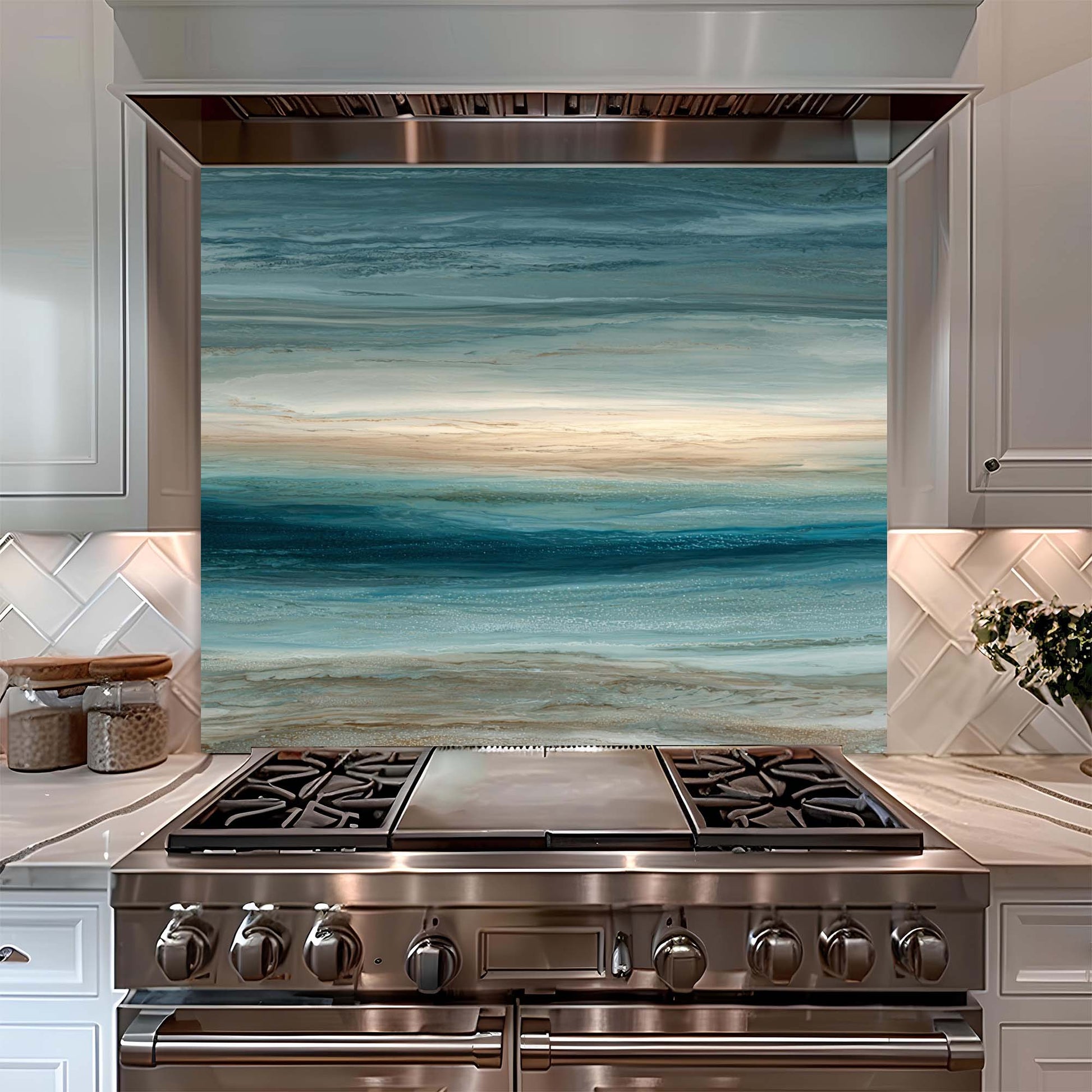 Stainless steel oven with a decorative glass backsplash featuring an ocean scene in a kitchen.