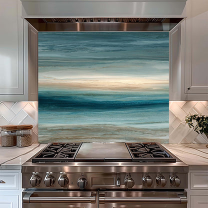 Stainless steel oven with a decorative glass backsplash featuring an ocean scene in a kitchen.