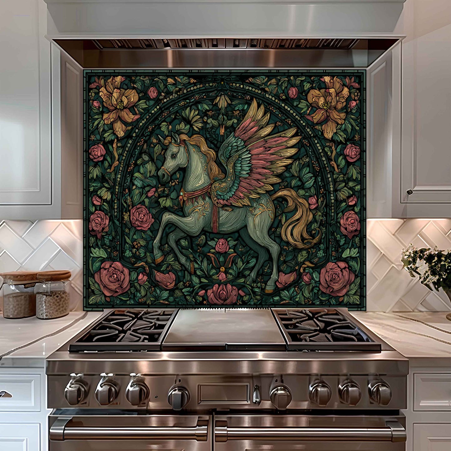 Winged Whimsy Tempered Glass Backsplash – Stained Glass Look Kitchen Panel