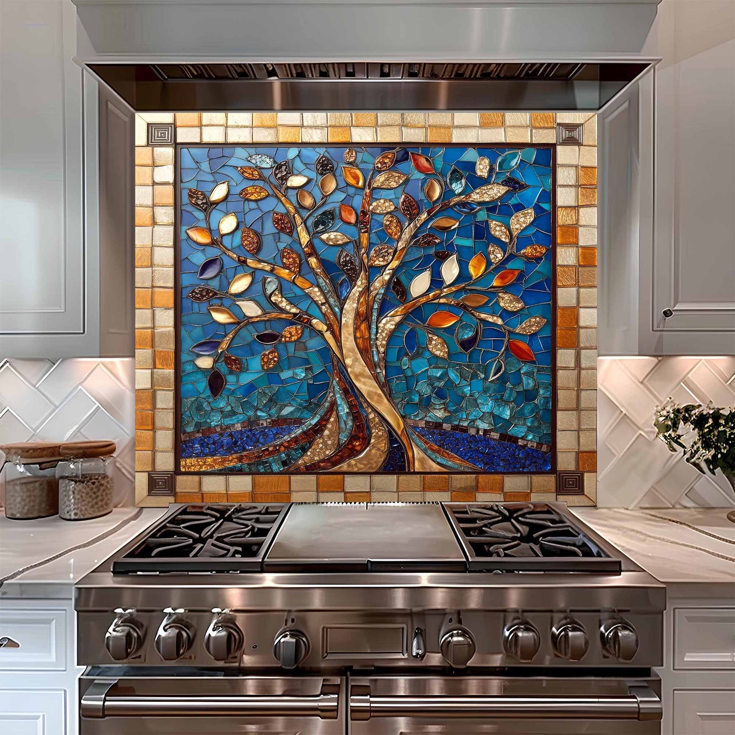 Stainless steel oven with a decorative mosaic glass backsplash featuring a tree design.