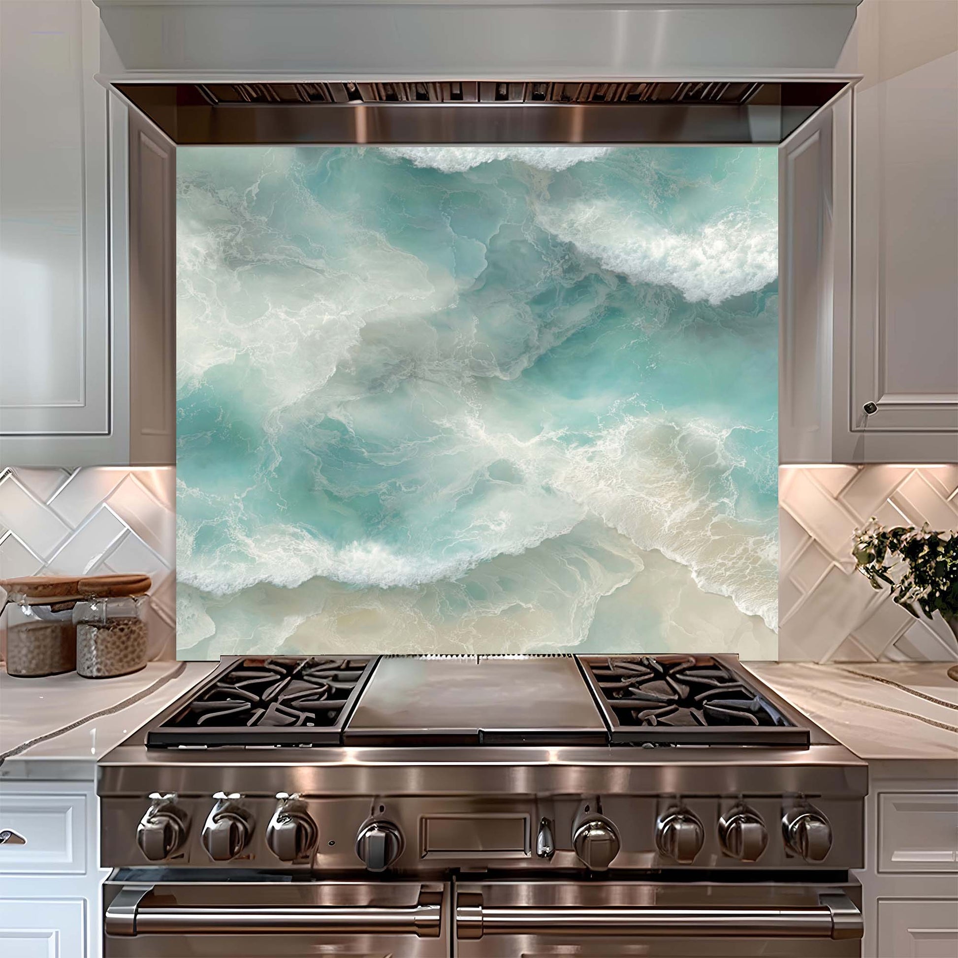 Stainless steel oven with a decorative glass backsplash featuring ocean waves.