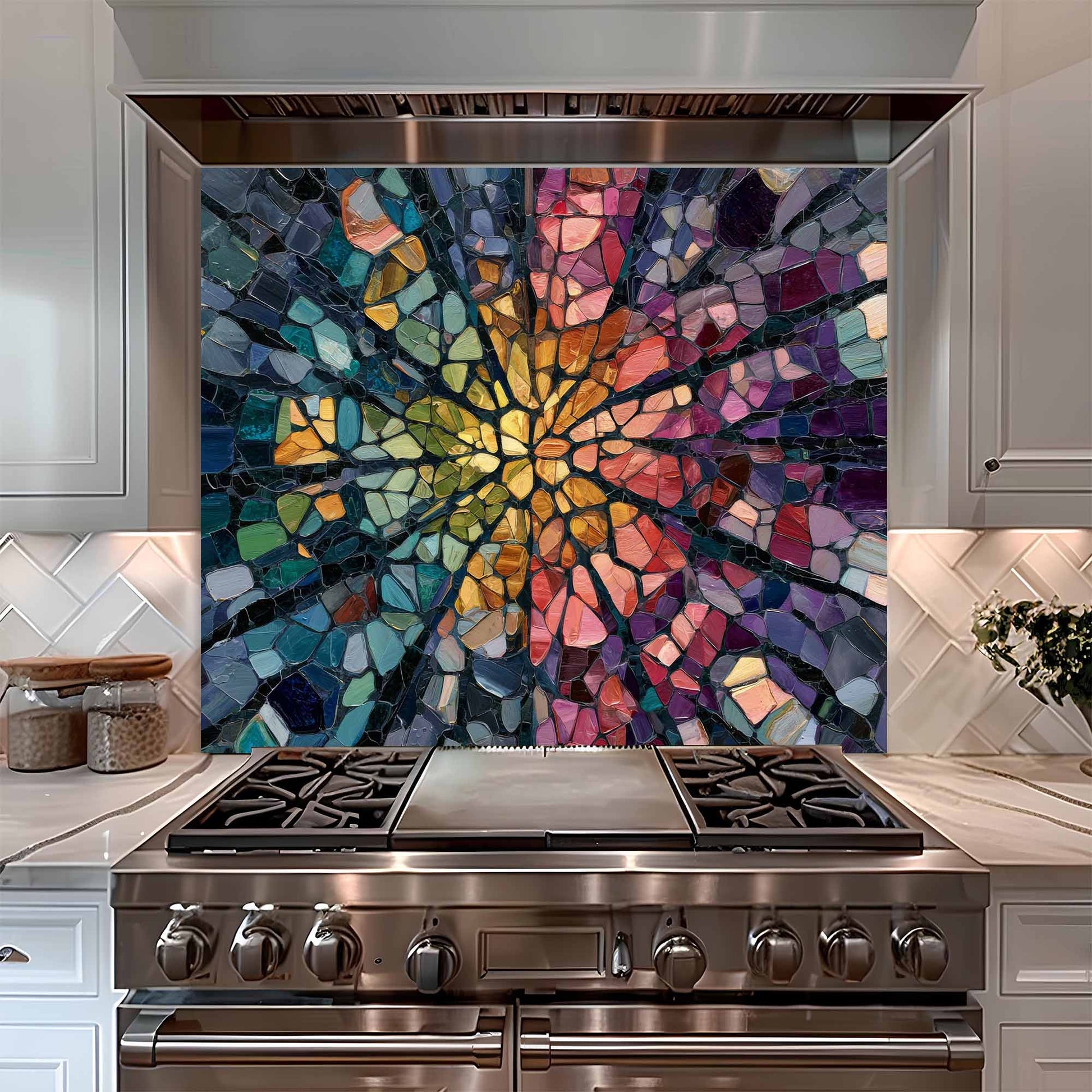 Stainless steel oven with colorful mosaic glass backsplash in a kitchen setting