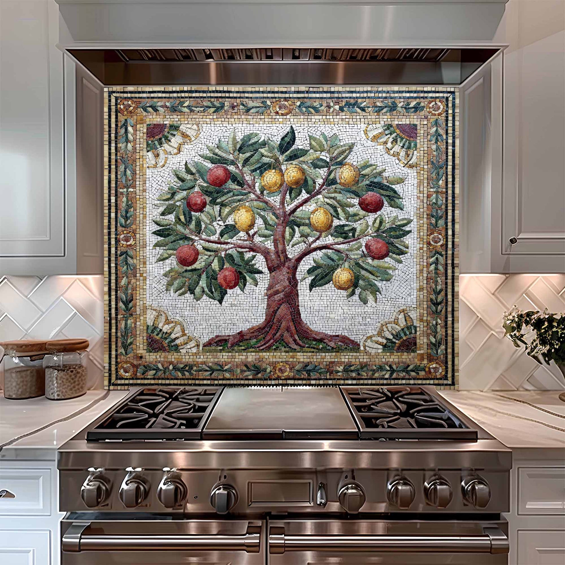 Kitchen stove with a decorative mosaic glass backsplash of an apple tree on the wall.