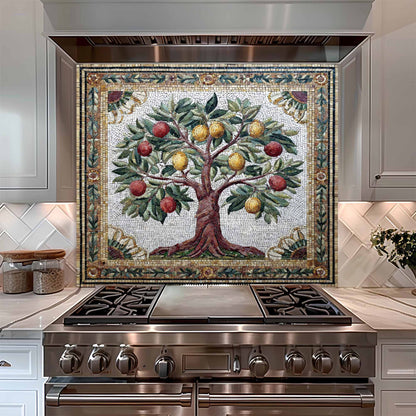 Kitchen stove with a decorative mosaic glass backsplash of an apple tree on the wall.