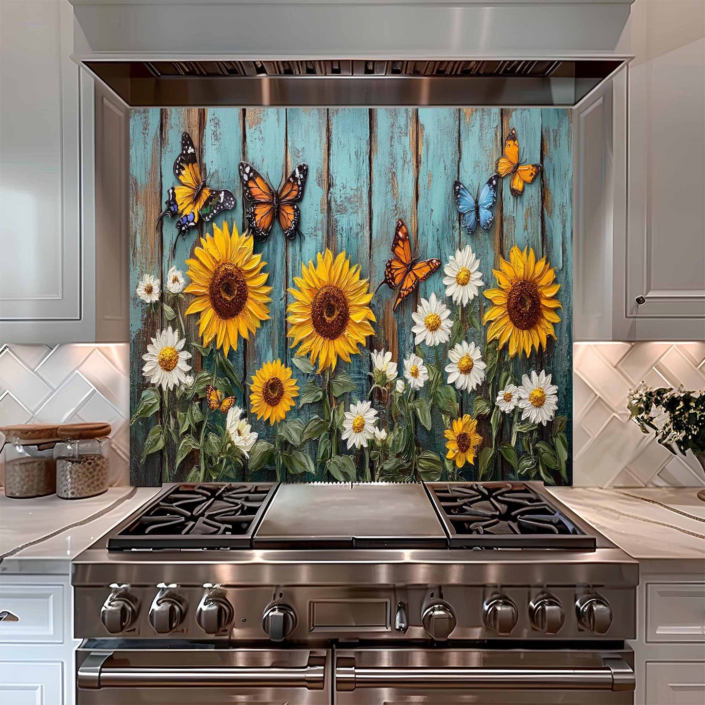 Kitchen with a decorative glass backsplash featuring sunflowers and butterflies.