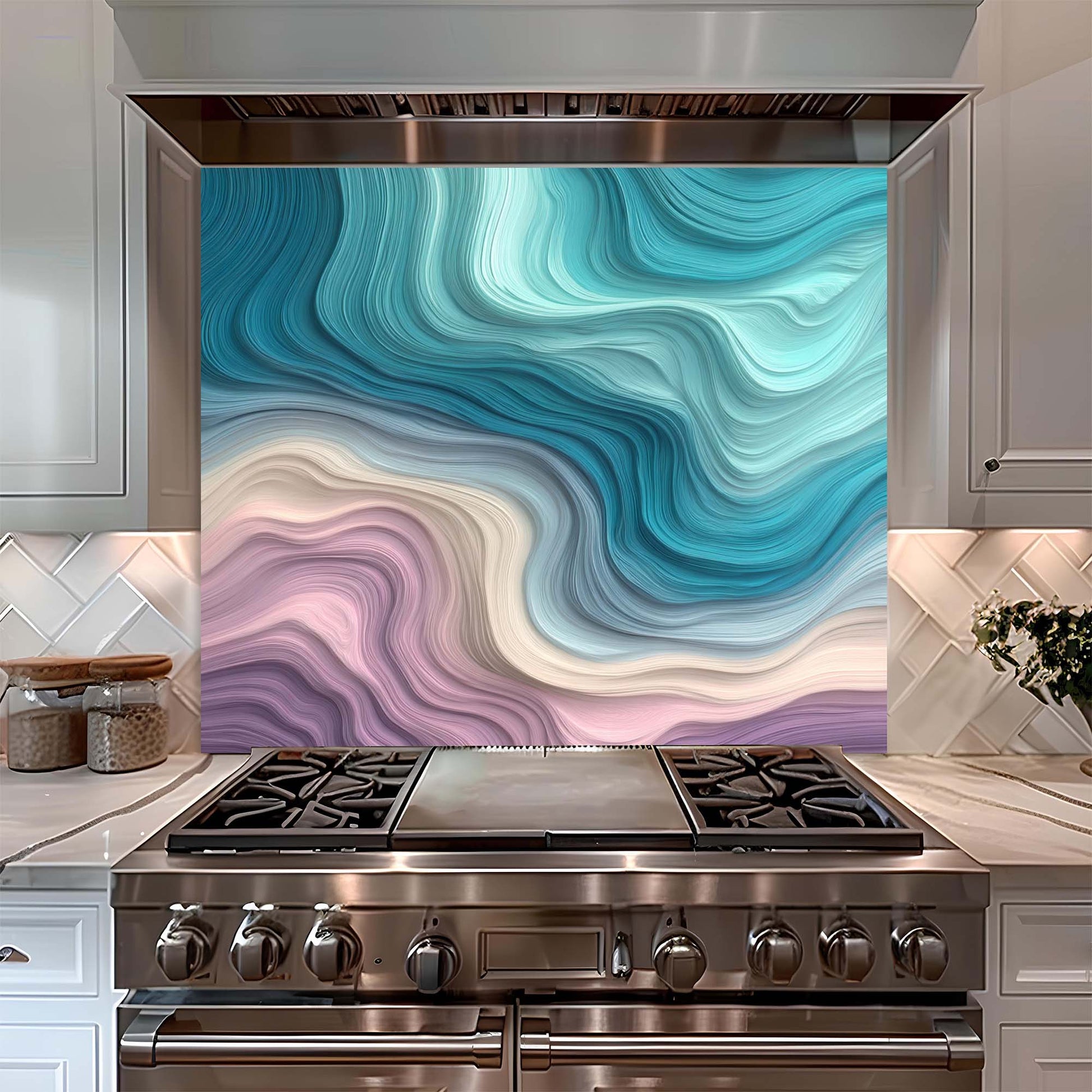 Stainless steel stove with a colorful abstract glass backsplash in a kitchen setting.