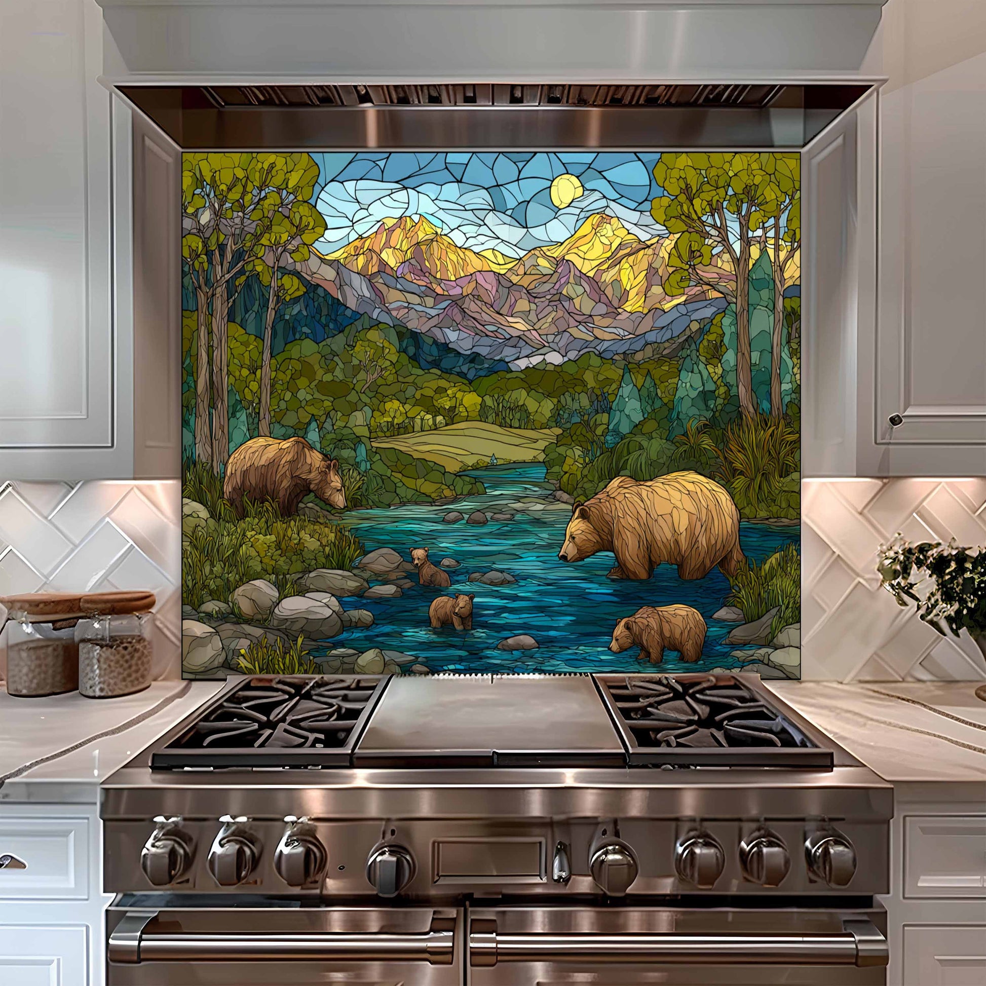 Stainless steel oven with a decorative mural of bears and mountains on the wall.