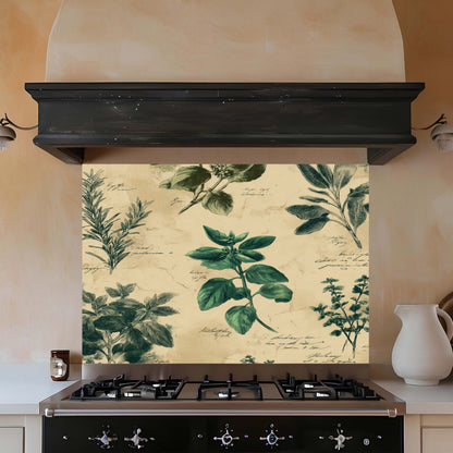Kitchen with a decorative backsplash featuring green leaf patterns on a beige background.