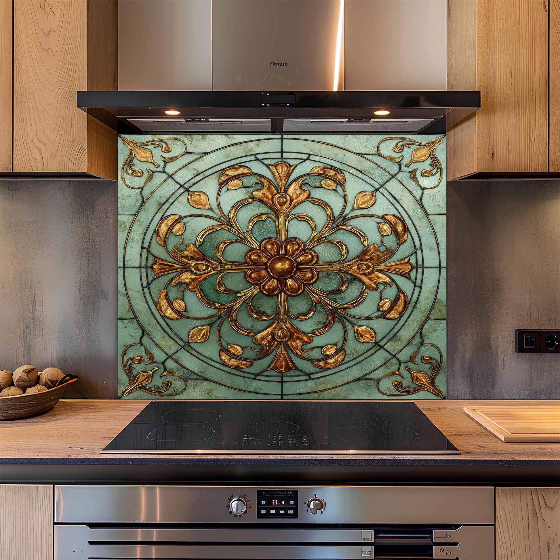 Decorative glass backsplash with intricate gold and green design above a kitchen stove.