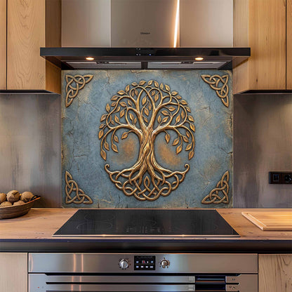 Decorative glass backsplash with tree design in a modern kitchen