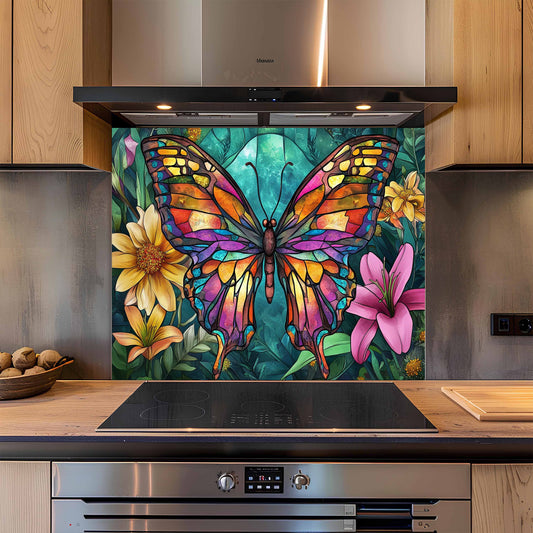 Kitchen with a colorful butterfly and floral design on a backsplash
