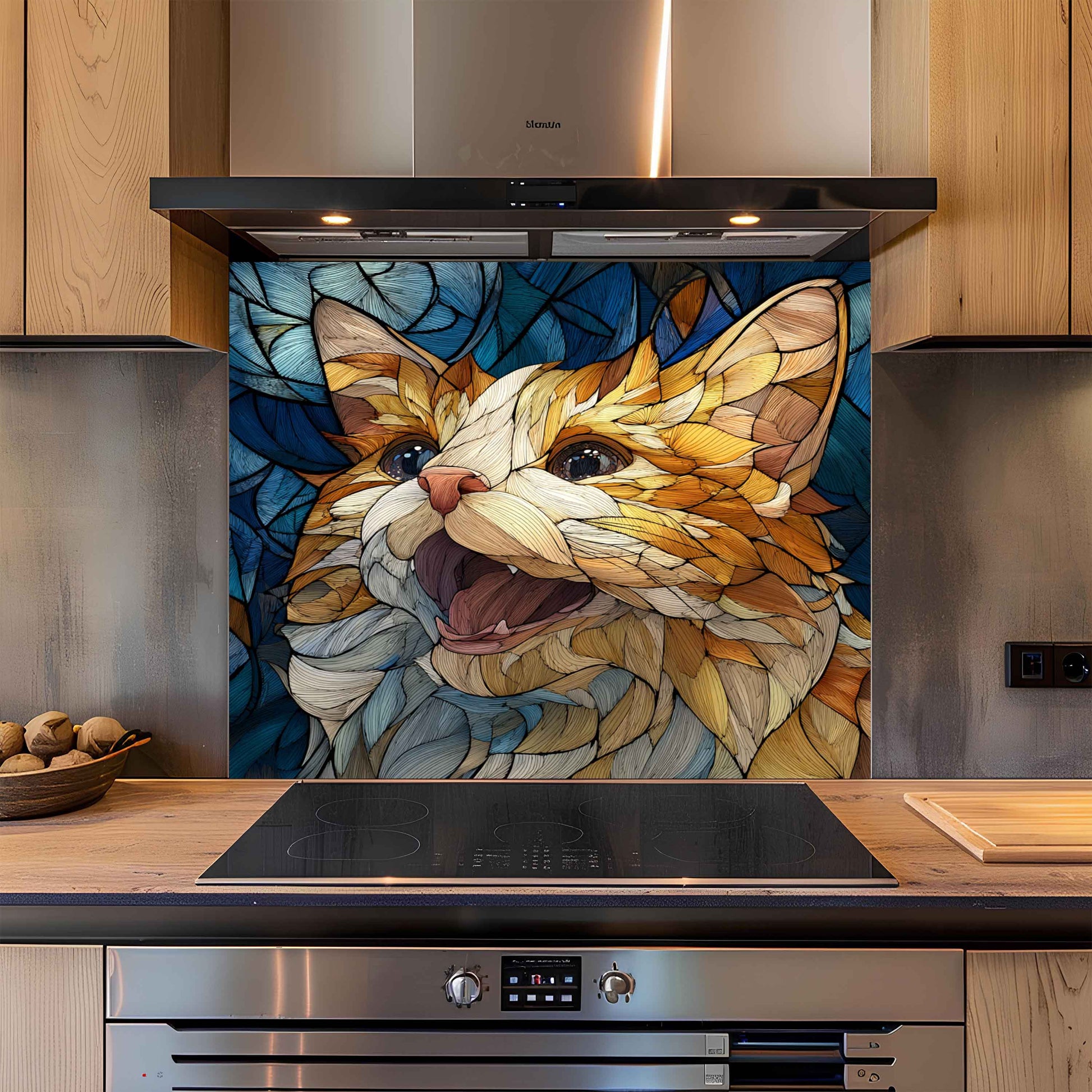 Stained glass cat artwork on a kitchen backsplash with modern appliances.