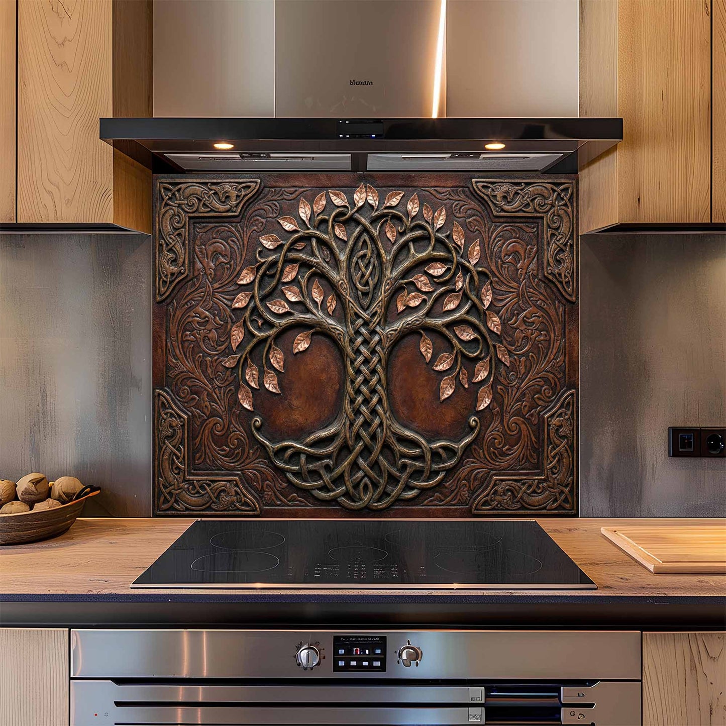 Decorative glass backsplash with tree design in a modern kitchen
