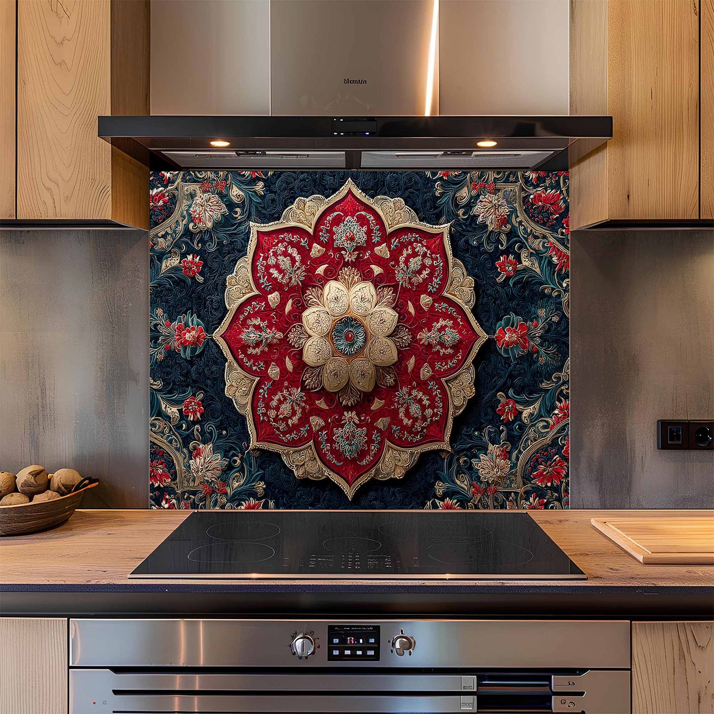Decorative glass backsplash with floral pattern above a kitchen stove