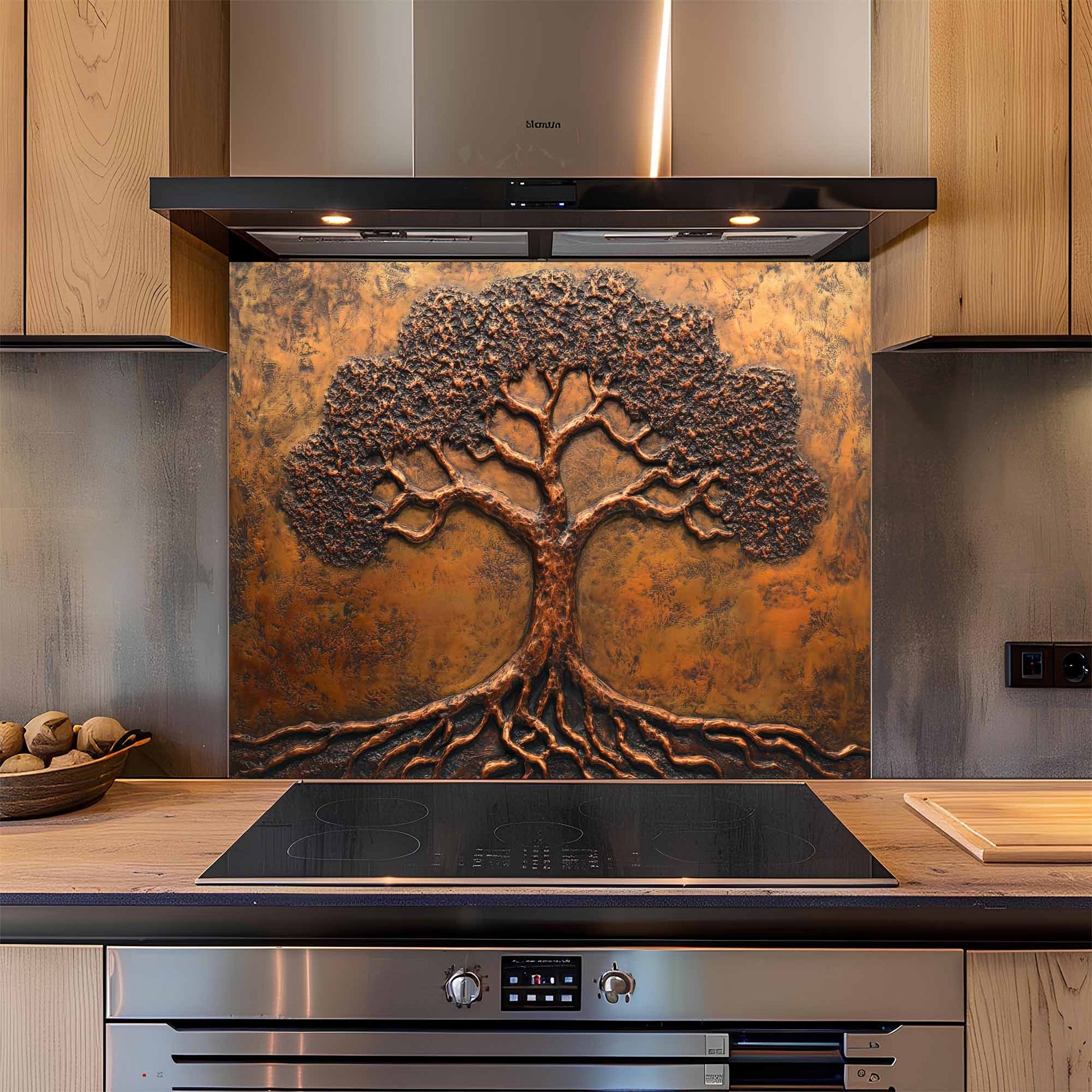 Kitchen with a decorative glass backsplash featuring a tree design.