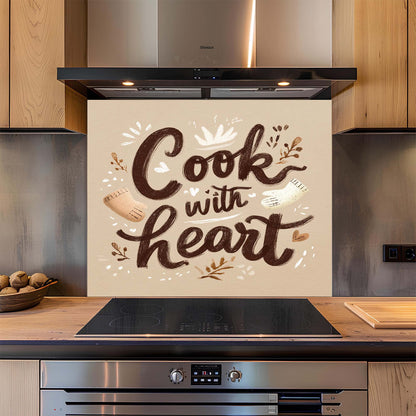 Kitchen backsplash with 'Cook with heart' text and decorative elements